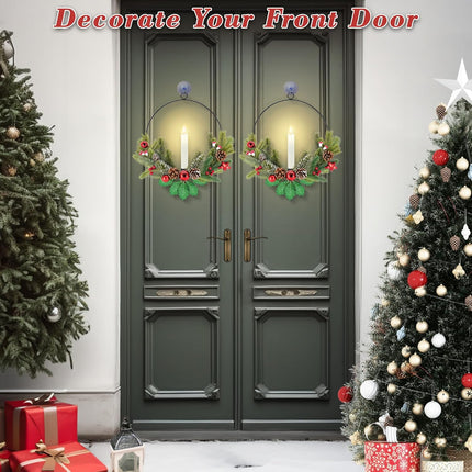 Christmas Wreaths for Front Door Windows: 2Pcs 15 Inch Small Prelit Lighted Xmas Wreaths Battery Operated with Timer LED Taper Candles Lights Decorations for Indoor Outdoor Light Up Winter Holiday