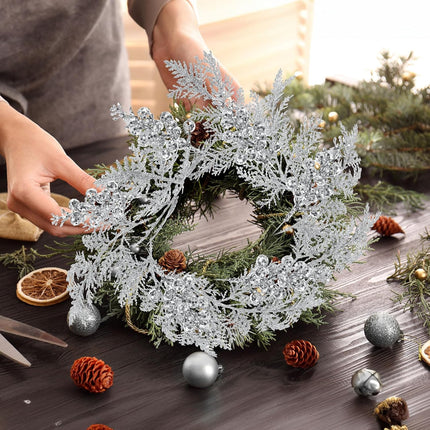 Cindeer 80 Pcs Christmas Glitter Berries Stems Pine Needles Christmas Artificial Picks Fake Floral Twig Spray for Xmas Tree Ornaments DIY Wreath Garland Decorations(Silver)