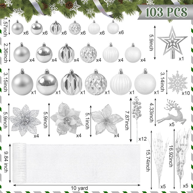 Ouddy Decor 103 Pcs Christmas Tree Decorations Set, Assorted Shatterproof Silver Christmas Ball Ornaments Christmas Metallic Mesh Ribbon Poinsettia Berries for Christmas Tree Holiday Decor, Silver