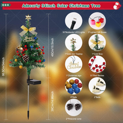 Solar Christmas Tree Decorations Outdoor Lights 2 Packs with 60 LED 50 Xmas Ornaments 6 Lighted Boxes 8 Modes 34Inch Mini Prelit Christmas Tree for Porch Pathway Yard Garden Grave Cemetery