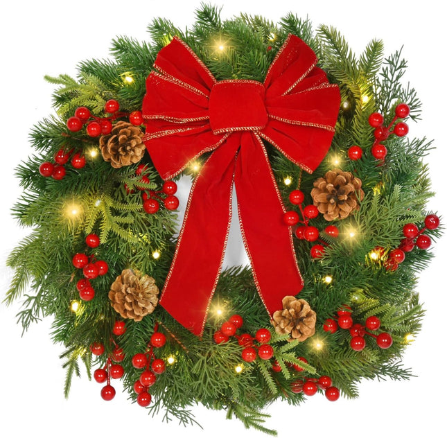 Rocinha 17 '' Christmas Wreaths Outdoor Red Bow Christmas Wreaths for Front Door Red Berry & Pinecones Christmas Reef for Door, Window, Wall, Fireplace