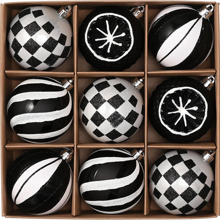 Valery Madelyn Christmas Ball Ornaments Set, 9ct Black and White Shatterproof Boho Christmas Tree Decorations, 2.76 Inch Large Modern Hanging Ornaments Bulk for Xmas Holiday Party Decor