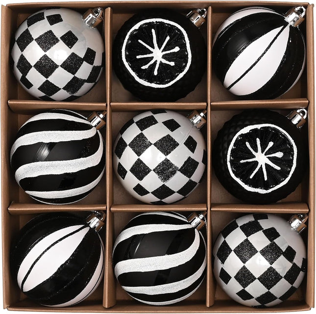 Valery Madelyn Christmas Ball Ornaments Set, 9ct Black and White Shatterproof Boho Christmas Tree Decorations, 2.76 Inch Large Modern Hanging Ornaments Bulk for Xmas Holiday Party Decor