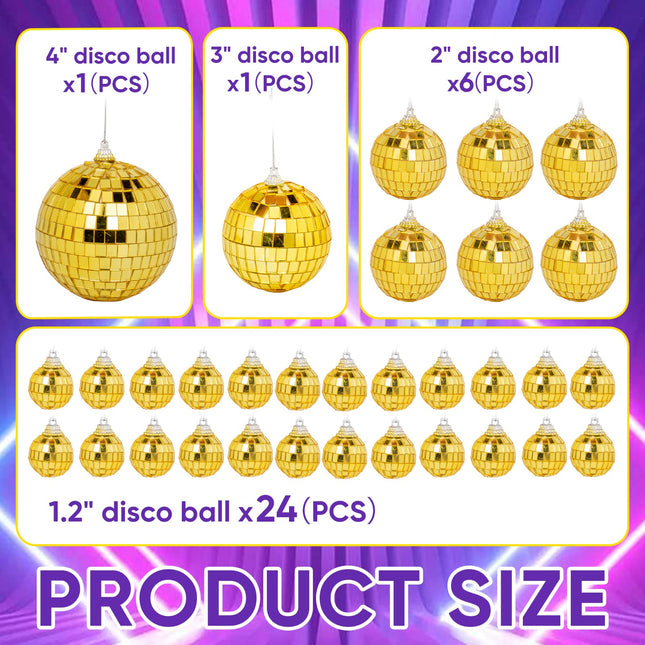 32 Pack Mini Disco Balls Decorations Different Sizes Mirror Ball with Hanging String Small Disco Ball Ornament for Disco Theme Party Cake Topper DJ Club Christmas Wedding Home Decor (Gold)