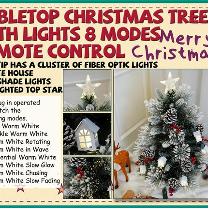 3FT Christmas Tree with 12cm Top Star, Artificial Flocked Fiber Optic Christmas Tree with 60 Mixed Branch Tips & 9White House & 12Red Berry and Big Pinecone String for Indoor Outdoor