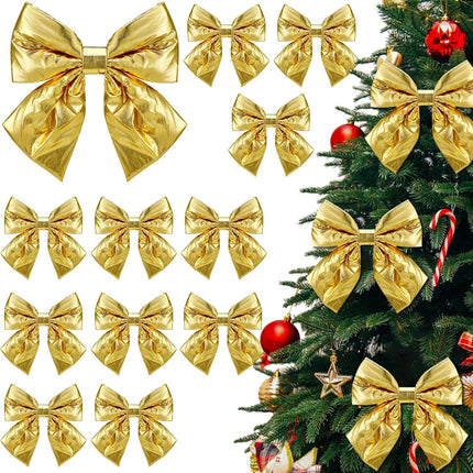 12 Pcs 10 x 8 in Christmas Metallic Foil Fabric Bows Gold Christmas Tree Bow Shiny Large Xmas Decorative Bows for Christmas Tree Wreath Garland Chair Holiday Ornament Decoration