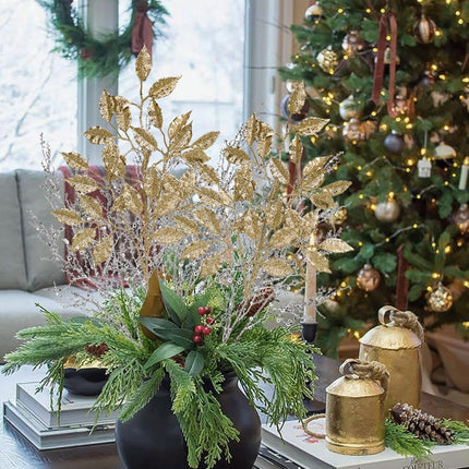 25.6" Christmas Glitter Leaves Stems, 5Pcs Artificial Champagne Leaf Spray Leaf Picks Tall Large for Christmas Tree DIY Xmas Wreath Garland Arrangment Vase Table Centerpieces Decoration Home Decor