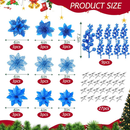 Zeyune 36 Pcs Christmas Poinsettia Artificial Flowers Decorations Glitter Poinsettia with Clips for Christmas Tree Ornaments Xmas Holiday Wedding Garland Party Decor 6 Inch 4 Inch 3 Inch (Royal Blue)