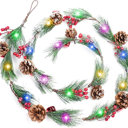 8 Light Modes Christmas Garland with Lights, 6FT Christmas Garland with 18 LED Lights Branches Berries Bells Snowflake Pinecones for Window Fireplace Door Stairs Indoor Outdoor Decoration