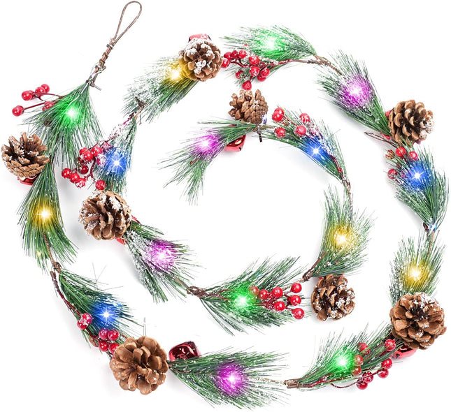 8 Light Modes Christmas Garland with Lights, 6FT Christmas Garland with 18 LED Lights Branches Berries Bells Snowflake Pinecones for Window Fireplace Door Stairs Indoor Outdoor Decoration