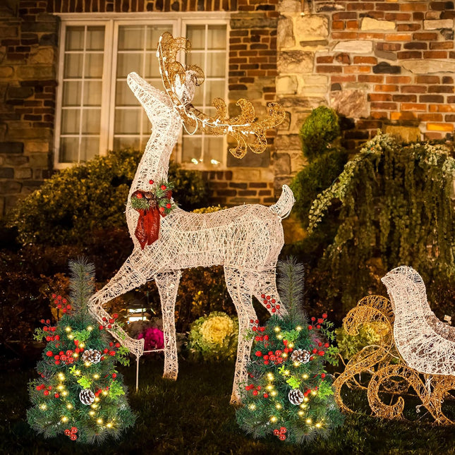 2 Pack 30 Inch Pre-Lit Pathway Christmas Trees, Artificial Christmas Tree Decorations with 50 LED Lights for Porch, Driveway, Yard, Garden, Battery Operated Holiday Decor with Red Berries, Pine Cones