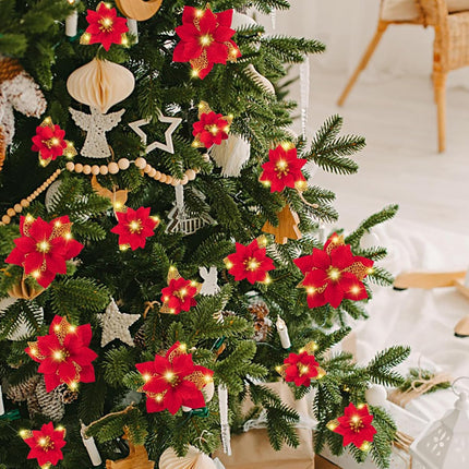 Geefuun 28PCS Christmas Tree Decorations: Poinsettias Artificial Flowers Ornaments Xmas Red Glitter Flower with Clips,3 Sizes(Not Included Stems)