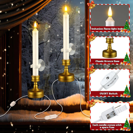 Meonum 6 Pack Christmas Window Candles Lights with Connectable Plug, on Off Switch and Suction Cups, 0.8w Plug in Flameless Taper LED Candle Light for Windows, 4.92ft Cords