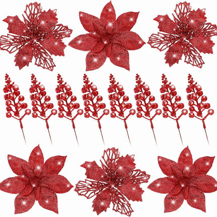 Sggvecsy 24 Pcs 2 Styles Christmas Glitter Poinsettia Flowers Artificial Berry Picks Christmas Tree Ornaments Artificial Christmas Flowers with Clips for Xmas Wedding Wreath Floral Decorations（Red）