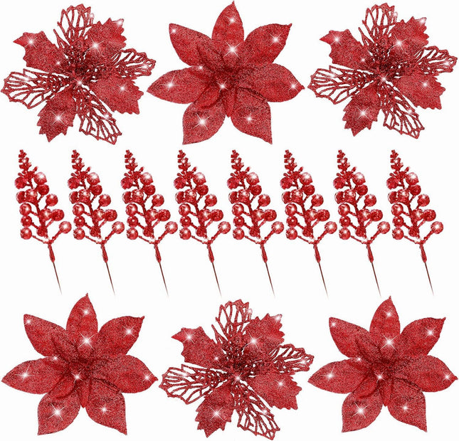 Sggvecsy 24 Pcs 2 Styles Christmas Glitter Poinsettia Flowers Artificial Berry Picks Christmas Tree Ornaments Artificial Christmas Flowers with Clips for Xmas Wedding Wreath Floral Decorations（Red）