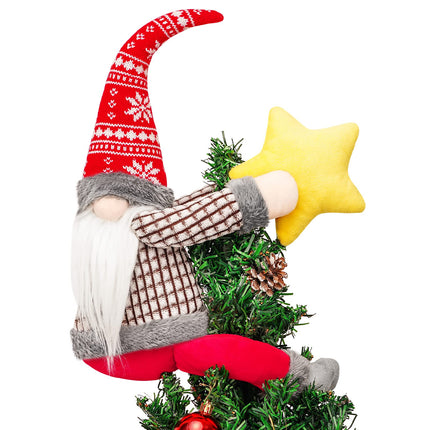 FIREOR Gnome Christmas Tree Topper Decorations , Handmade Large Plush Dwarf Ornaments with Star Red Plaid Hat Xmas Home Holiday Party Decor Scandinavian Swedish, Curtain Tie Wine Bottle Decoration