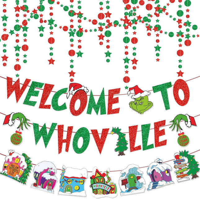 Welcome To Whoville Banner Grinch Whoville Decorations Red Green Glitter Sing Whoville Christmas Decorations Banner Christmas Decorations for Party Decorations Christmas Decor Banner for Home