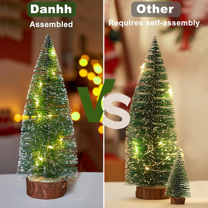 4 PCS Mini Christmas Trees, Artificial Bottle Brush Trees with 2 Modes Timer LED String Lights, Button Cell Battery Powered Desktop Small Pine Trees with Wooden Base for Home Xmas Decor (Warm White)