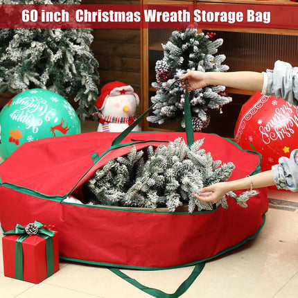 1 Pcs 60 Inch Christmas Wreath Storage Bag Zippered Garland Holiday Container with Reinforced Handle Tear Resistant 600d Oxford Wreath Organizer Christmas Wreath Holder with Card (Red)