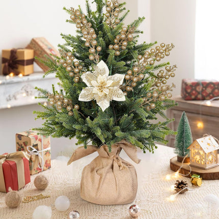 24 Pcs Christmas Tree Decorations Picks, Boxed 12Pcs Poinsettias Artificial Christmas Flowers with Clips and Stems+12pcs Holly Berry Stems for Xmas Tree Decor or Party Wreath Fireplace Stairs, Gold