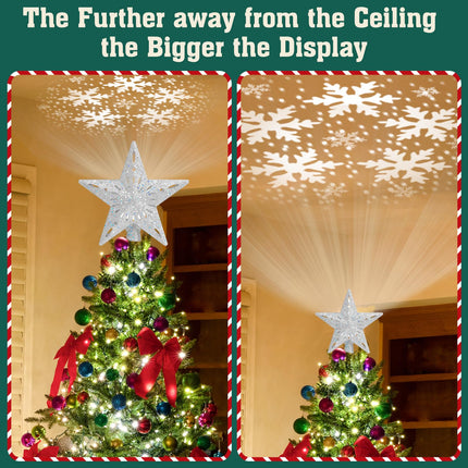LED Rotating Tree Topper Light Projector with 6 Slides - Silver Christmas Star for Tree Decorations