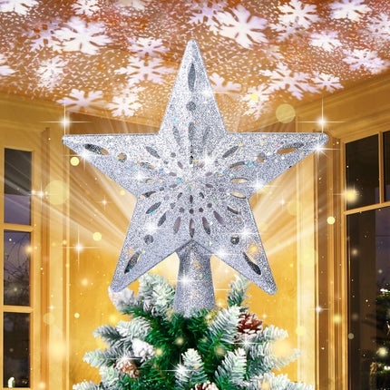 AerWo Christmas Tree Topper Lighted Star Tree Topper with Rotating Snowflake Projector Lights, 3D Glitter Hollow Star Tree Topper for Christmas Tree Decorations