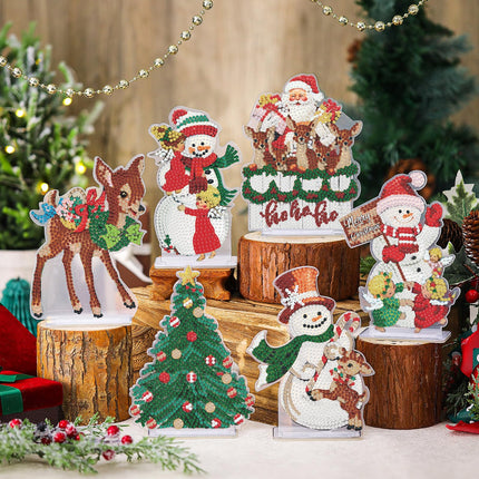 6 Pcs Christmas Diamond Painting Sign Set Diamond Painting Kits Christmas Tree Snowman Desktop Table Signs Ornaments DIY Kits for Adults Acrylic Paint Christmas Decorations (Red,Vivid)