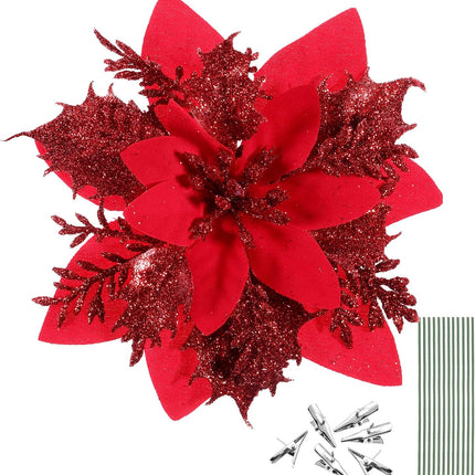 NUOBESTY 12Pcs Christmas Glitter Poinsettia Artificial Flowers, Christmas Wreath Christmas Tree Flowers Ornaments with Clips and Stems for Xmas Wedding Party Wreath (Red)