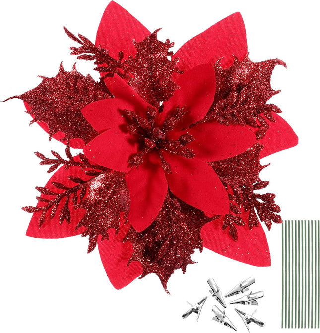 NUOBESTY 12Pcs Christmas Glitter Poinsettia Artificial Flowers, Christmas Wreath Christmas Tree Flowers Ornaments with Clips and Stems for Xmas Wedding Party Wreath (Red)