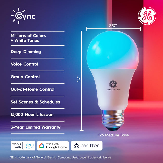 Cync GE A19 Smart LED Light Bulbs, Room Decor Aesthetic Color Changing WiFi Lights, LED Indoor Light Bulb, Works with Alexa and Google, Great Christmas s, Holiday Idea (2 Pack)