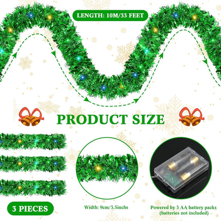 Jutom 99 ft Total 3 Pcs Christmas Pre Lighted Tinsel Garland Hanging Metal Twisted Wire Garland with LED Lights Battery Operated Christmas Garland for Christmas Tree Mantle Decoration (Green)