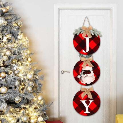 Christmas Black Santa Joy Wood Sign African American Christmas Decoration Red and Black Buffalo Check Plaid Xmas Hanging Ornaments for Xmas Year Winter Home Party Supplies