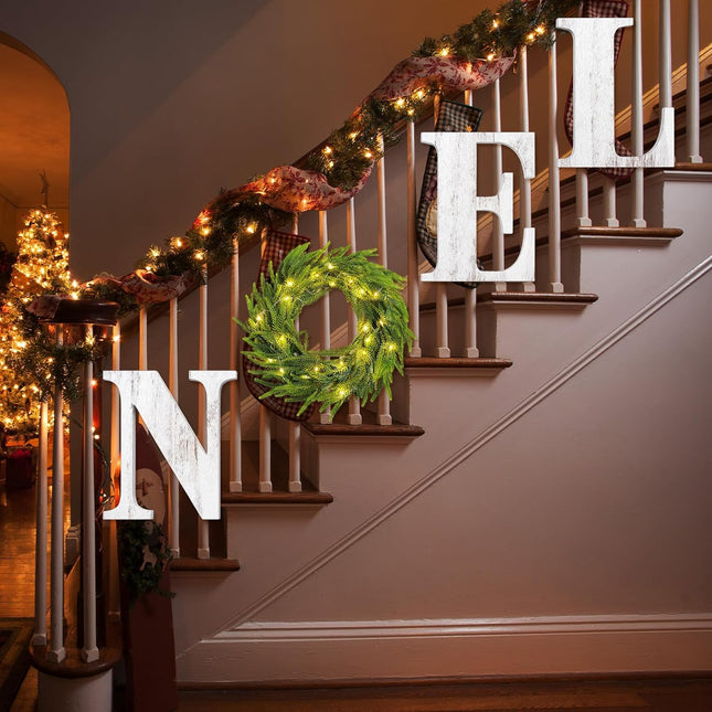 Christmas Wall Decors Wood Noel Sign with 11.8 Inch Norfolk Pine Wreath Lighted Xmas Vintage Wooden Sign for Xmas Fireplace Living Room Home Door Entryway (White)