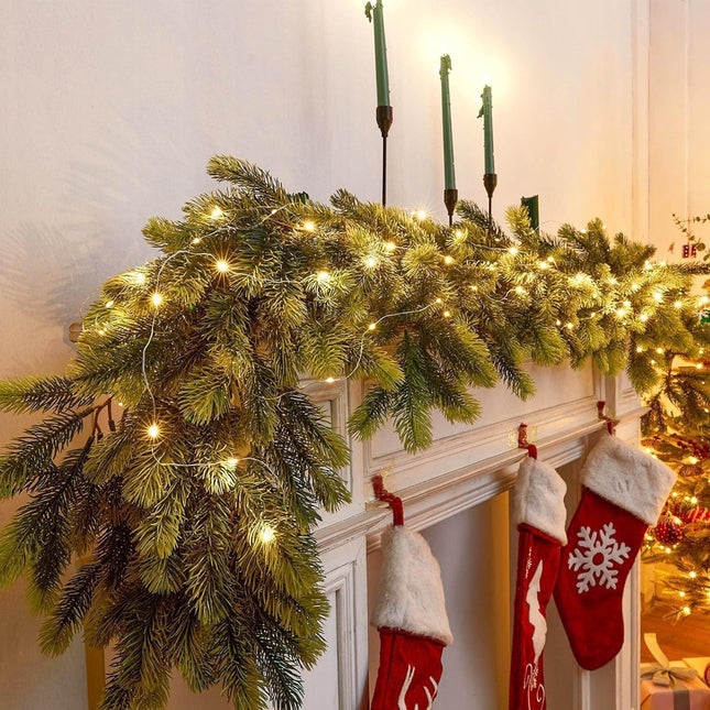 Pre Lit 9Ft Realistic Norfolk Pine Christmas Garland with 70 LED Lights, with Pine Cones Red Berries Lush Branches, for Christmas Decor Mantle Fireplace Indoor Outdoor Home Door