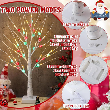 Ceenna Christmas Decor 17.7 Inches Lighted Birch Tree with 48 LED Lights, White Birch Tree with Battery Powered Timer, Tabletop Mini Artificial Tree for Winter Xmas Party Decor Home(Candy Style)