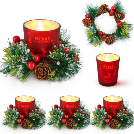 Christmas Votive Candle Holders: Candle Wreaths Rings with Red Berry and Pinecone Elk Glass Set of 4 for Christmas Home Table Centerpiece