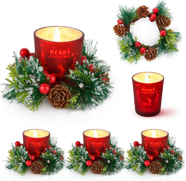 Christmas Votive Candle Holders: Candle Wreaths Rings with Red Berry and Pinecone Elk Glass Set of 4 for Christmas Home Table Centerpiece