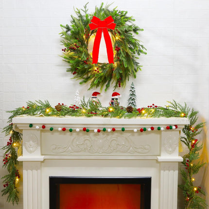 Lulu Home 9FT Pre-lit Christmas Garland, 30 LEDs Xmas Lighted Garland with Pinecones Red Berries, Battery Operated Garland with Timer for Fireplace Balcony Railing Fence Decoration