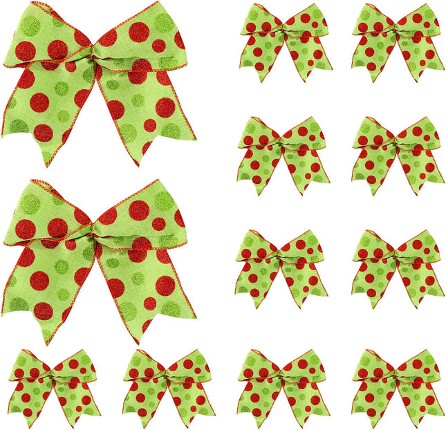 12PCS Christmas Bows Decoration Red Green Dot Christmas Ribbon Bows Christmas Wreaths Bows Ornaments for Winter Xmas Holiday Wedding Party Accessories (Green)
