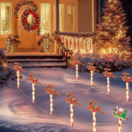 Solar Christmas Pathway Lights, 12Pack, 72LED, 8 Light Modes, Water-Resistant, Santa Sleigh and Reindeer Outdoor Decoration, Christmas Yard Lights, Christmas Lawn Decorations for Outdoors
