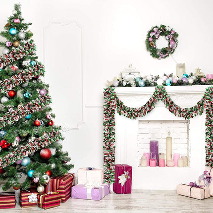 Christmas Tinsel Garland Metallic Tinsel Twist Garland Shiny Christmas Tree Hanging Garland Decorations for Christmas Party Supplies Indoor and Outdoor Decoration (Red, Green and White)