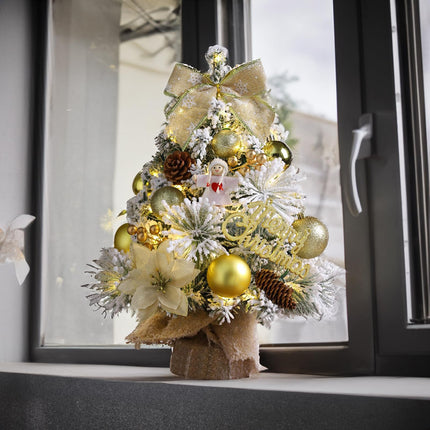 18 inch Gold Snow Flocked Tabletop Christmas Tree Glowing Mini Artificial Christmas Trees with Angel Christmas Balls Ornaments Bow Berries Pine Cones DIY Xmas Tree Winter Table Centerpieces