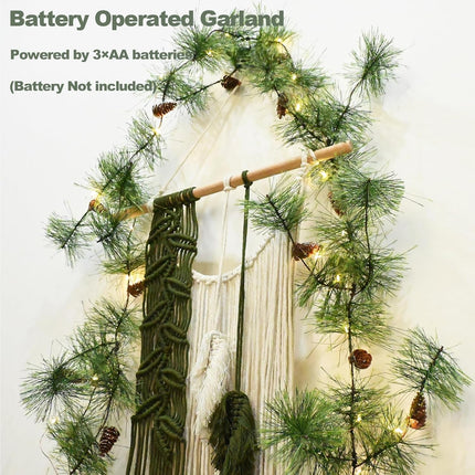Christmas Smokey Pine Garland with Lights 6.56FT Remote Garland with Timer 30 LED Fairy Lights Battery Operated Garland Lights with Pinecones Greenery Garland Christmas Pre-lit Lights for Home