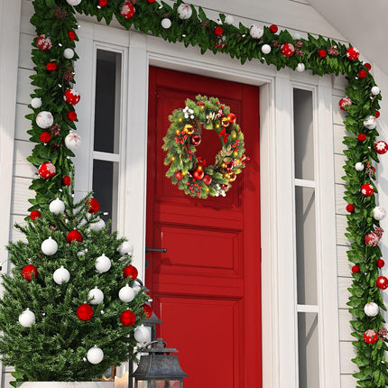 Sggvecsy 17 Inch Artificial Christmas Wreath for Front Door with 20 LED Lights Pine Needles Christmas Balls Red White Berries Pine Cones Bows Decoration for Winter Wall Outdoor Home Holiday Xmas Decor