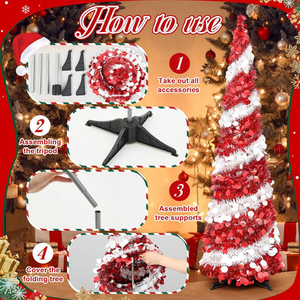 Leyndo 3 Pcs 3, 4, 5 Ft Collapsible Artificial Christmas Tree Pencil Pop up Christmas Tree Tinsel Skinny Red and White Sequined Christmas Tree for Home Fireplace Decoration
