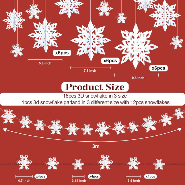 Ouddy Life Christmas Hanging Snowflake Decorations, 3D Large Paper Snowflakes Ornaments with Snowflakes Garland for Christmas Winter Wonderland Home Tree Year Holiday Party Decor (Pearl White)