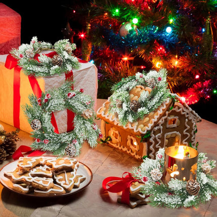 8pcs Christmas Candle Rings Wreaths, 3.1" Artificial Red Berries Candle Rings with Snowy Pine Needles Cones Mini Wreaths for Christmas Table Centerpiece Pillar Cabinets Decorations