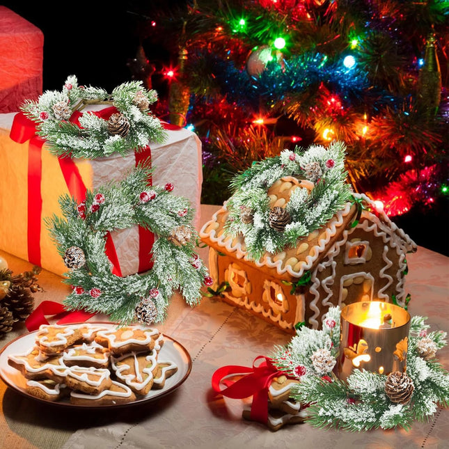 8pcs Christmas Candle Rings Wreaths, 3.1" Artificial Red Berries Candle Rings with Snowy Pine Needles Cones Mini Wreaths for Christmas Table Centerpiece Pillar Cabinets Decorations