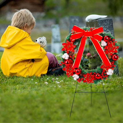 Crowye 4 Pcs Christmas Memorial Cemetery Wreath Set Includes 2 Pcs 20in Christmas Wreath 2 Pcs 30in Easel Stand Holiday Outside Yard Wreath Decoration for Outdoor Gravestone Headstone(Poinsettia)