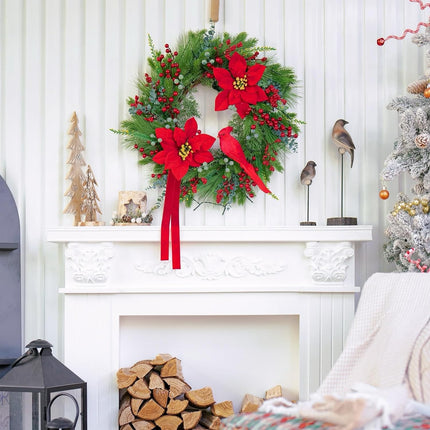 Pre-Lit Christmas Wreaths for Front Door 24 Inch Christmas Wreath with Lights,Large Winter Wreath with Cardinal Birds,Poinsettia,Green Evergreen Pine Needles Red Berries Holiday Wreath Decor